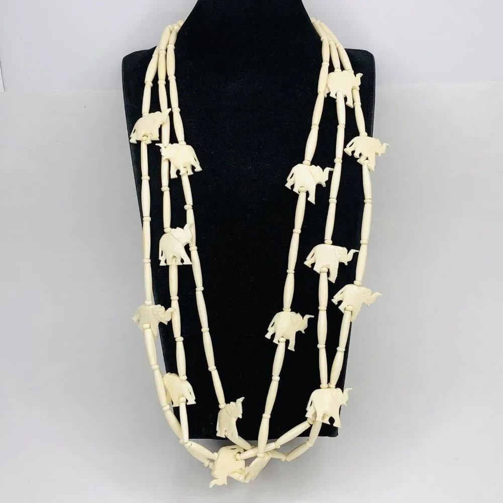 Tribal Boho Gypsy Fetish Carved Ivory Bead Elephant Necklace 3 Strands Engraved - Picture 2 of 11